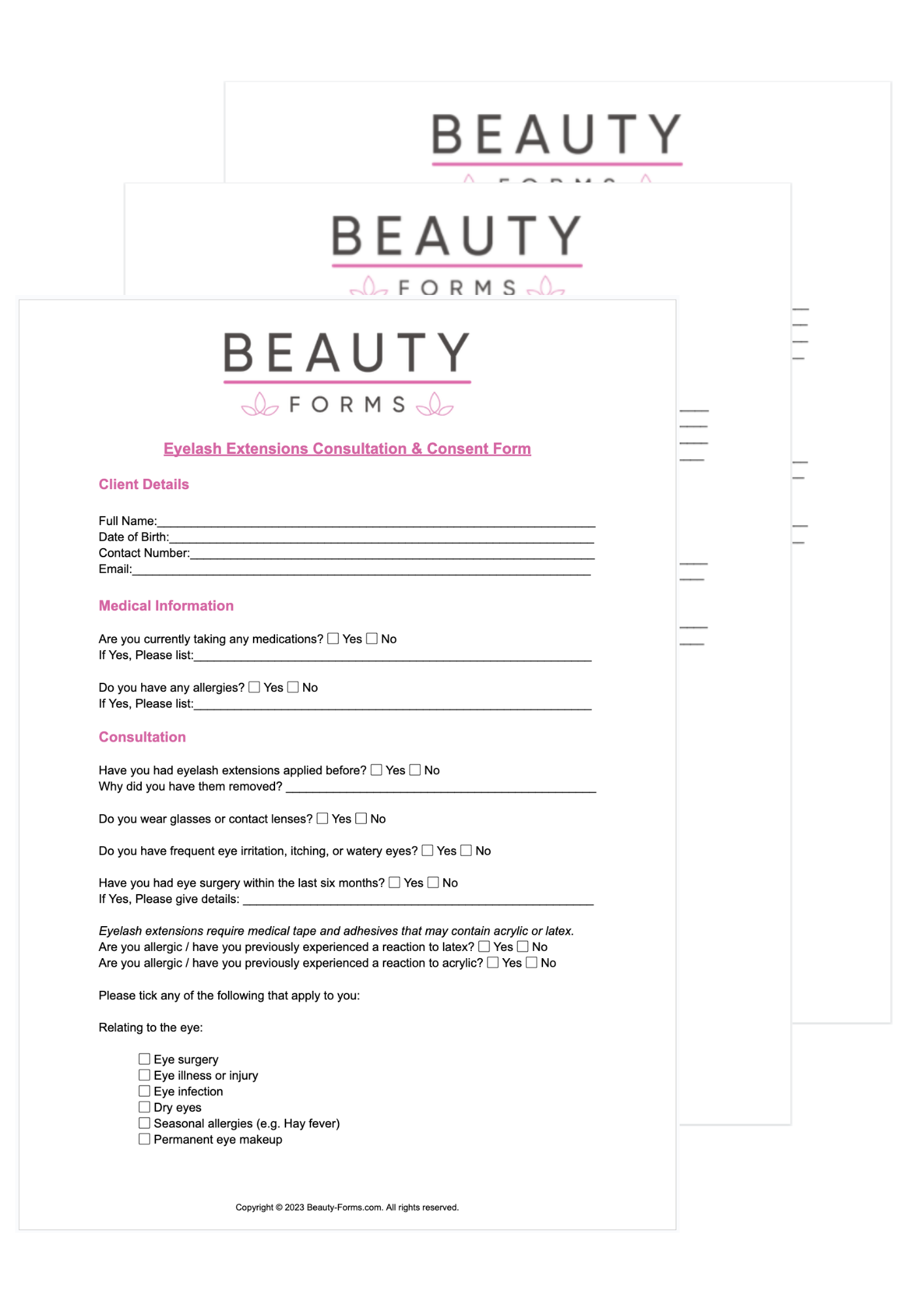 Eyelash Extensions Consent PDF Printable PDF Download