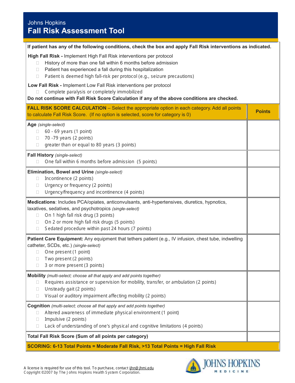 Fall Risk Assessment Tool The Johns Hopkins Health System Corporation Download Printable PDF Templateroller
