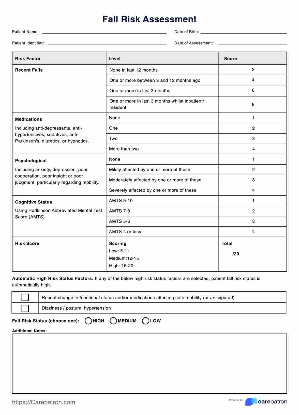 Fall Risk Assessment U0026 Example Free PDF Download