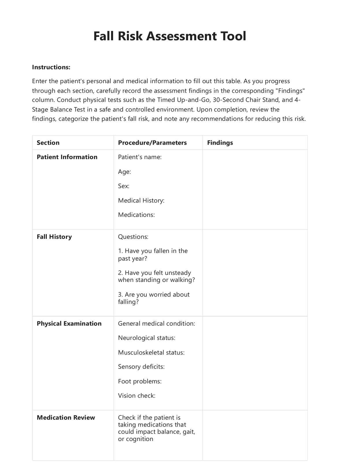 Falls Risk Assessment U0026 Example Free PDF Download