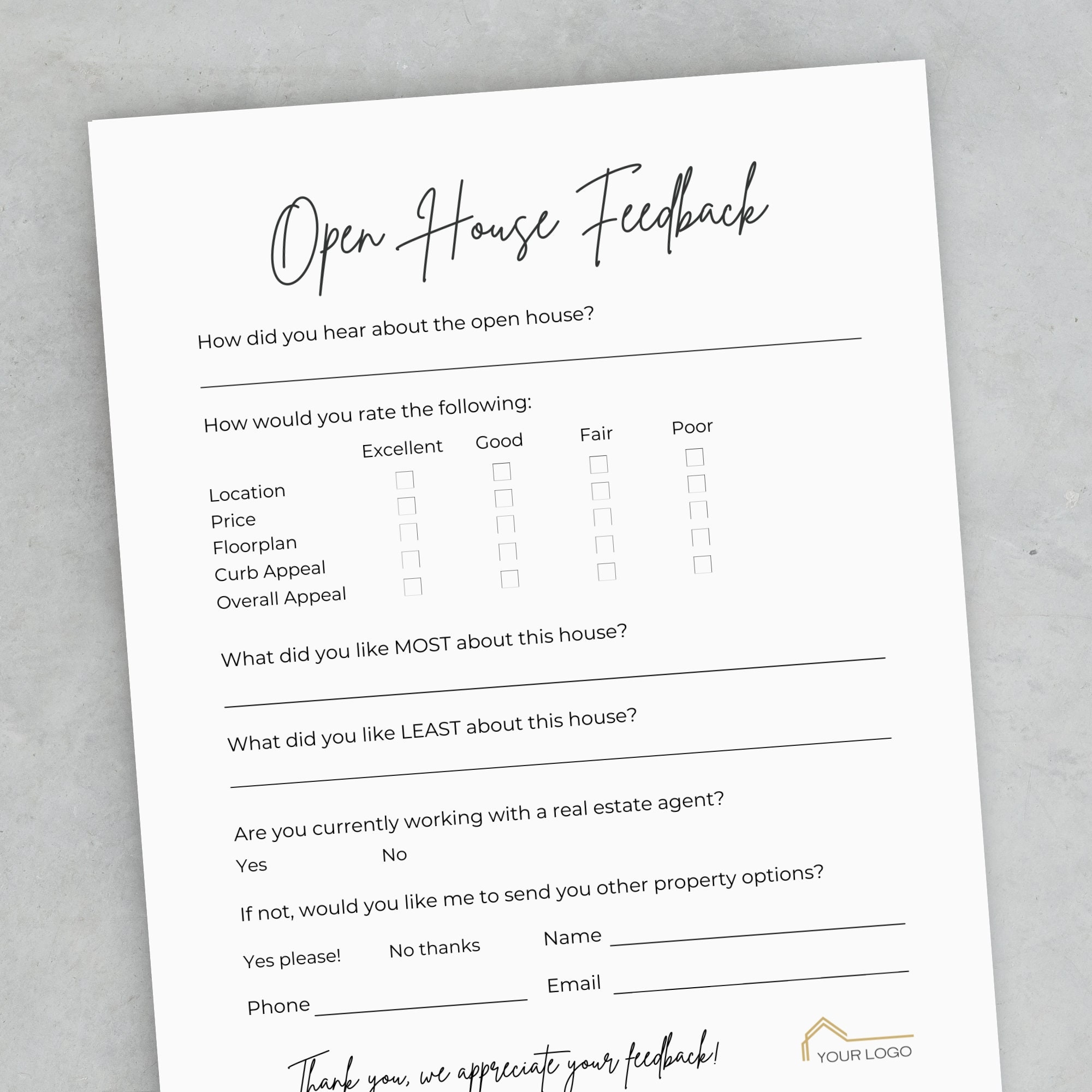 Open House Feedback Form Free Printable