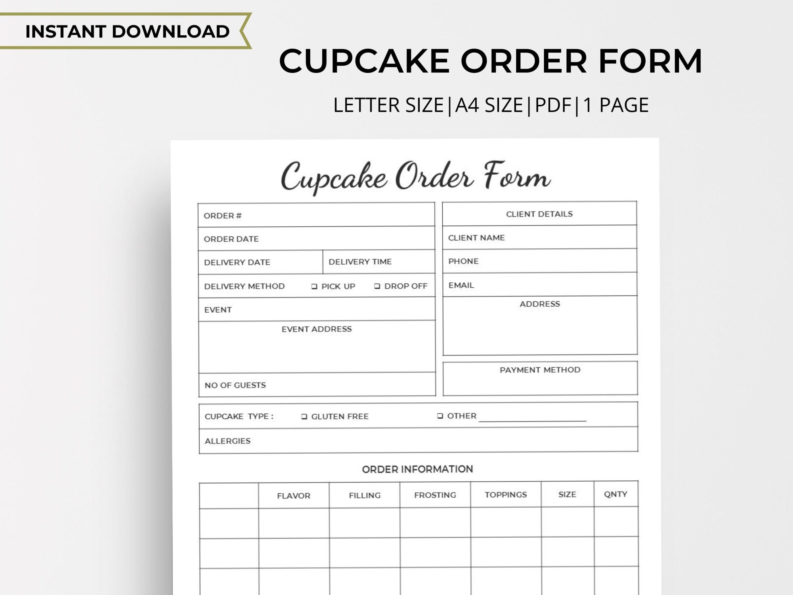 Fillable Cake Order Form Cupcake Order Form Bakery Planner 