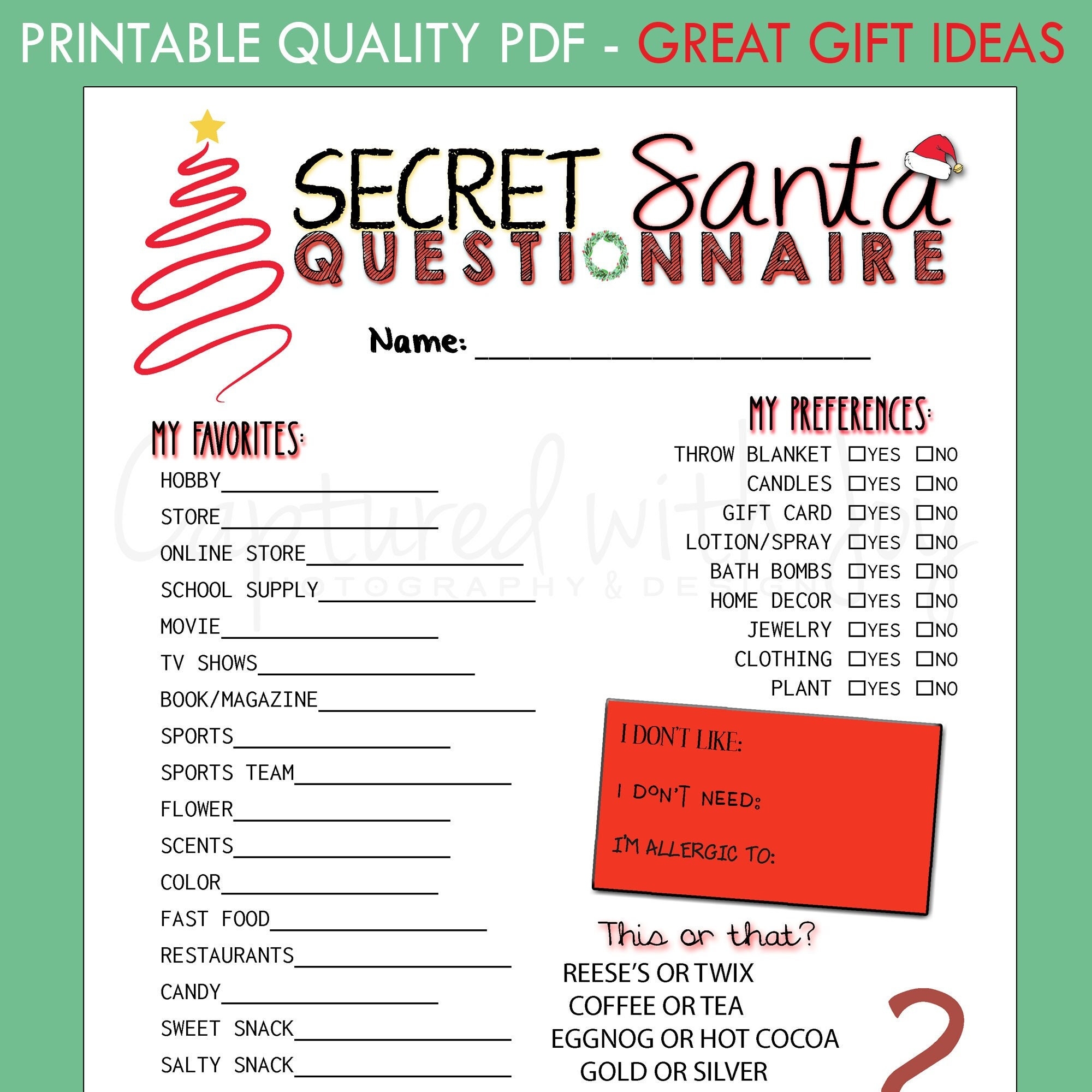FILLABLE Printable PDF Secret Santa Questionnaire For Gift Exchange work Or Personal Etsy Hong Kong