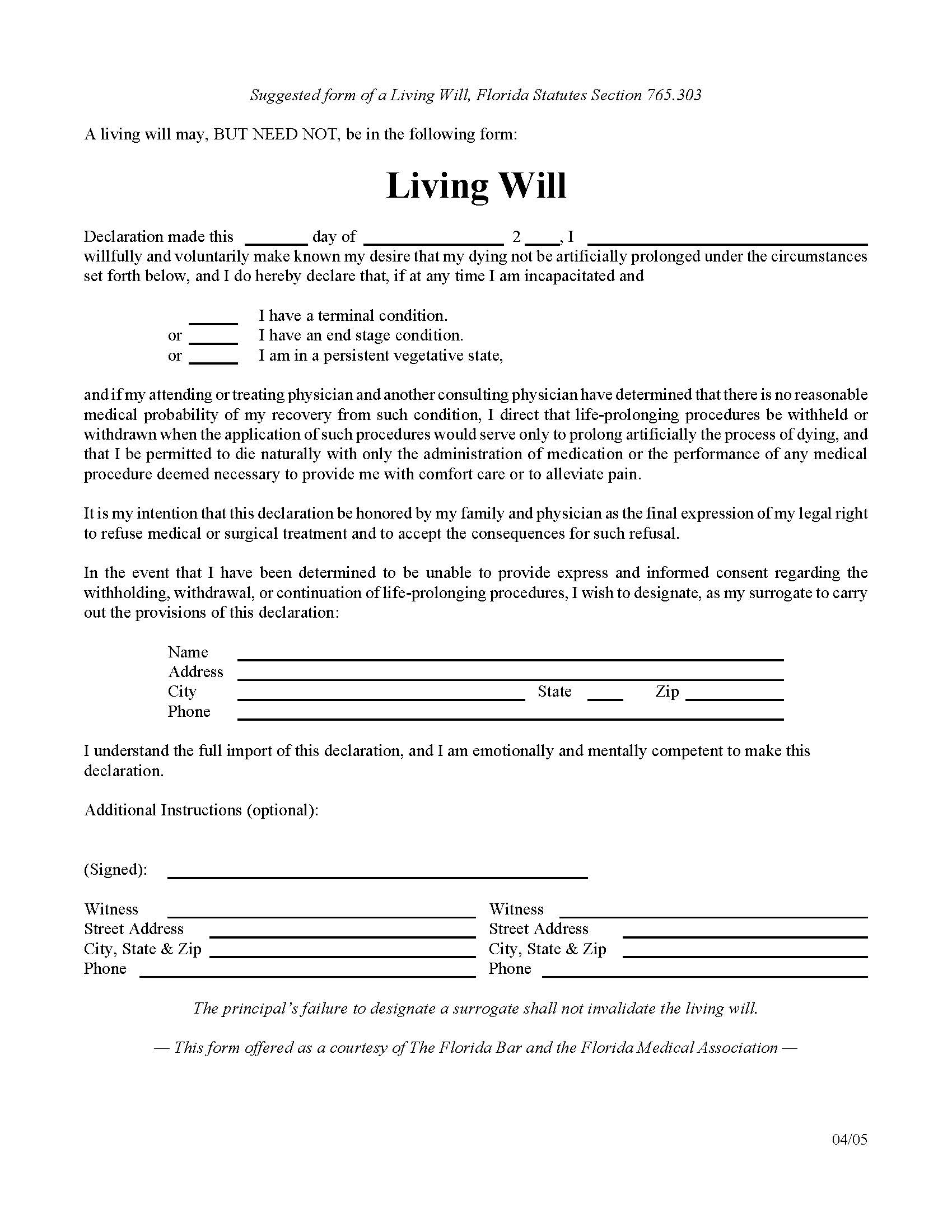 Free Printable Florida Last Will And Testament Blank Forms