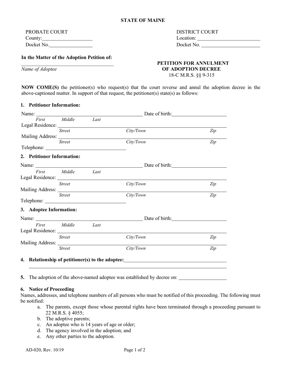 Form AD 020 Fill Out Sign Online And Download Fillable PDF Maine Templateroller
