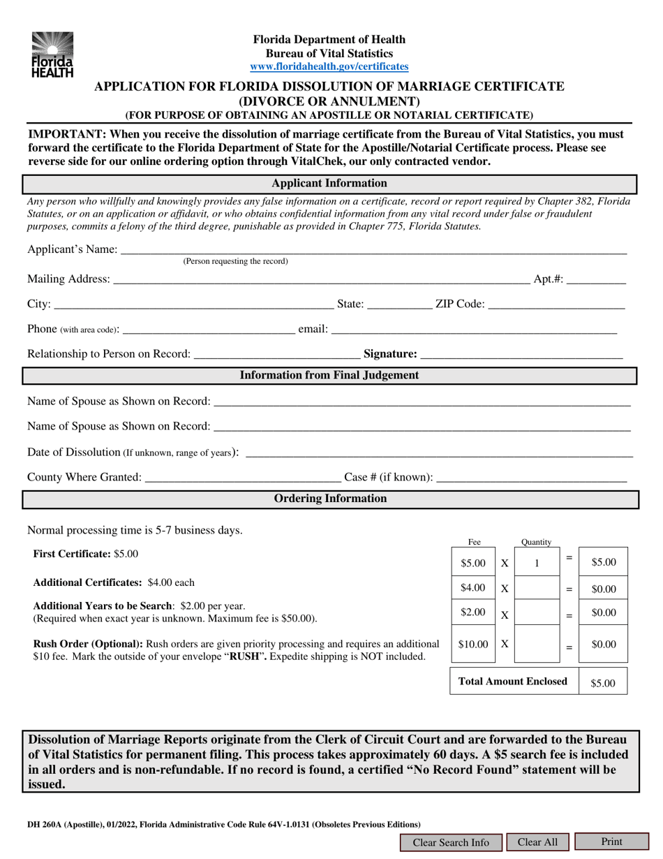 Form DH260A Download Fillable PDF Or Fill Online Application For Florida Dissolution Of Marriage Certificate Divorce Or Annulment For Purpose Of Obtaining An Apostille Or Notarial Certificate Florida Templateroller
