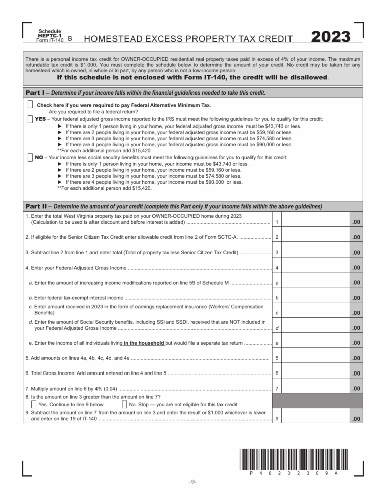 Form IT 140 Schedule HEPTC 1 Download Printable PDF Or Fill Online Homestead Excess Property Tax Credit 2023 West Virginia Templateroller
