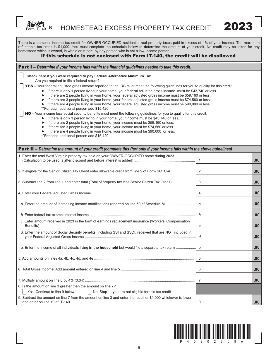 Form IT 140 Schedule HEPTC 1 Download Printable PDF Or Fill Online Homestead Excess Property Tax Credit 2023 West Virginia Templateroller