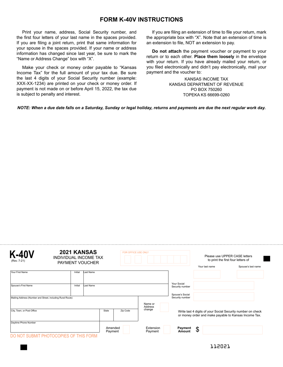 Form K 40V Download Fillable PDF Or Fill Online Kansas Individual Income Tax Payment Voucher 2021 Kansas Templateroller