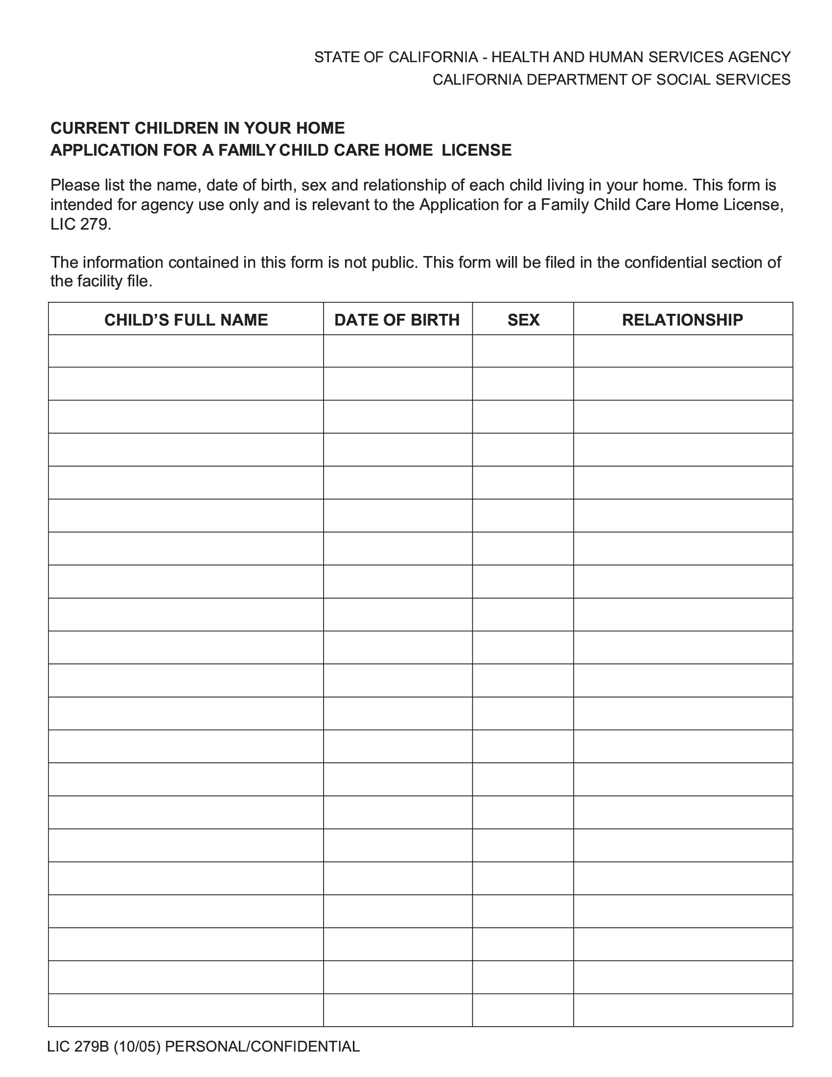 Form LIC 279B Current Children In Your Home Application For A Family Child Care Home License Forms Docs 2023