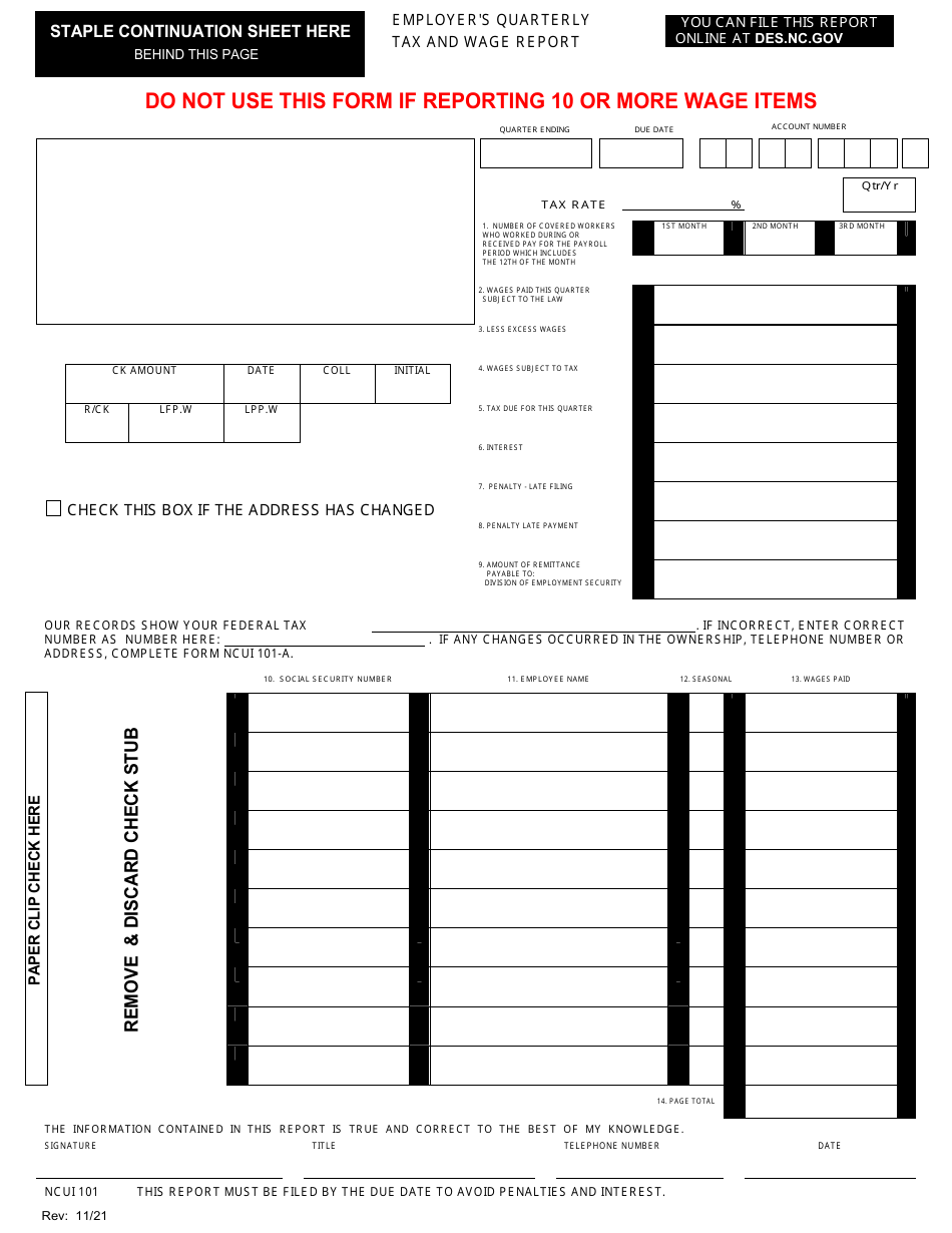 Form NCUI101 Download Fillable PDF Or Fill Online Employer s Quarterly Tax And Wage Report North Carolina Templateroller
