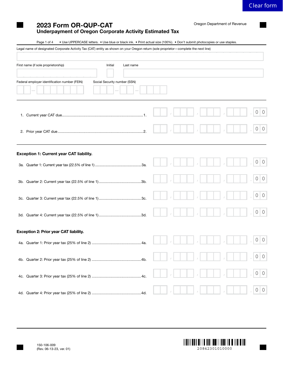 Form OR QUP CAT 150 106 009 Download Fillable PDF Or Fill Online Underpayment Of Oregon Corporate Activity Estimated Tax 2023 Oregon 2020 2025 Templateroller