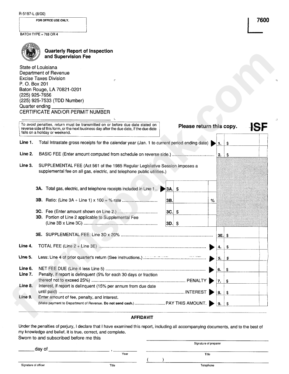 Form R 5197 L Quarterly Report Of Inspection And Supervision Fee Louisiana Department Of Revenue Printable Pdf Download