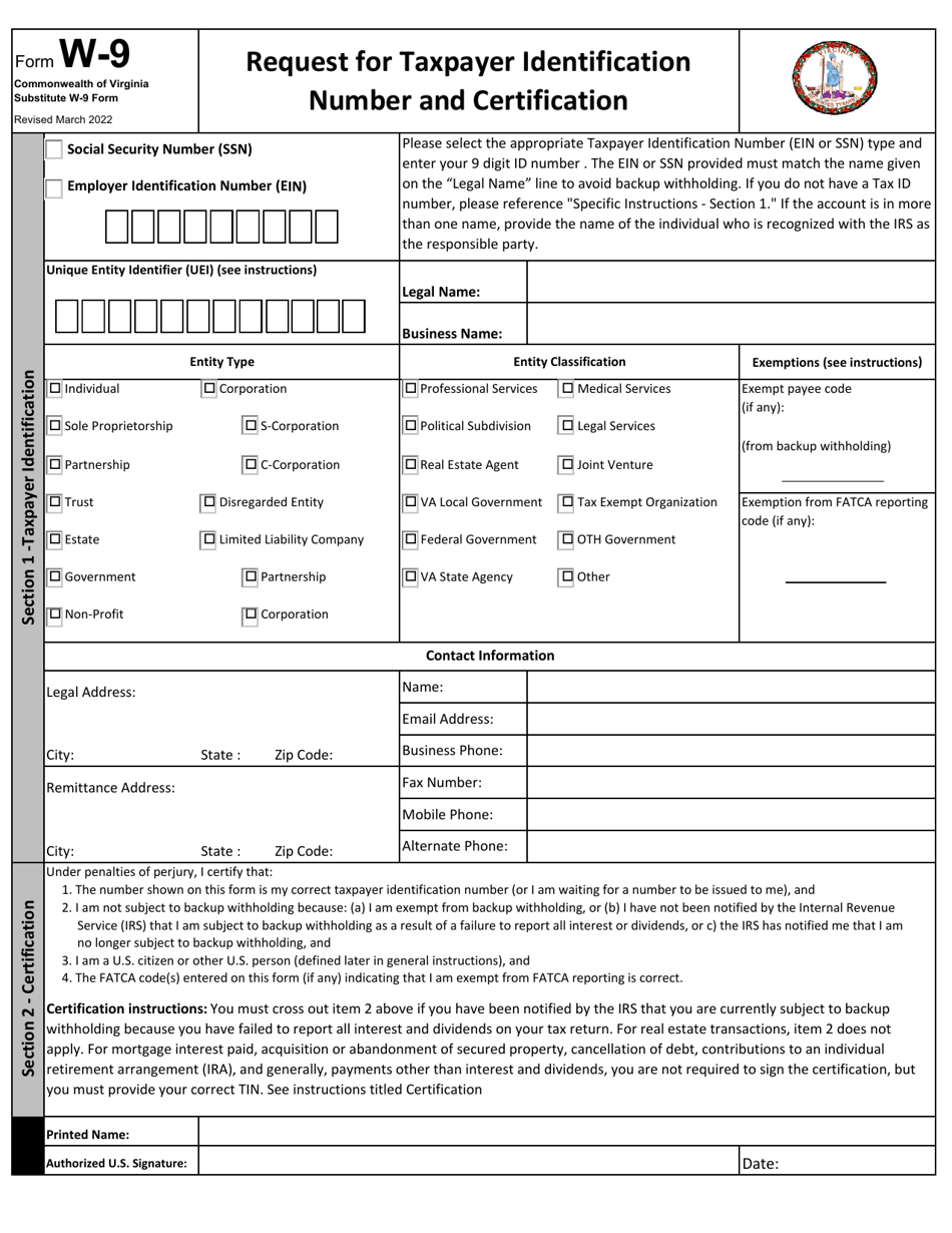 Form W 9 Download Fillable PDF Or Fill Online Request For Taxpayer Identification Number And Certification Virginia 2017 2025 Templateroller