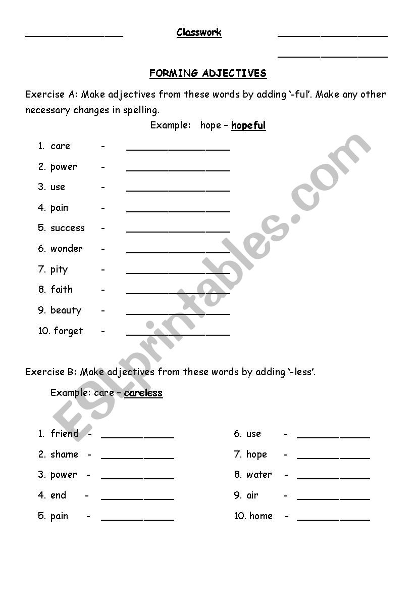 Free Printable Worksheets Forming Adjectives