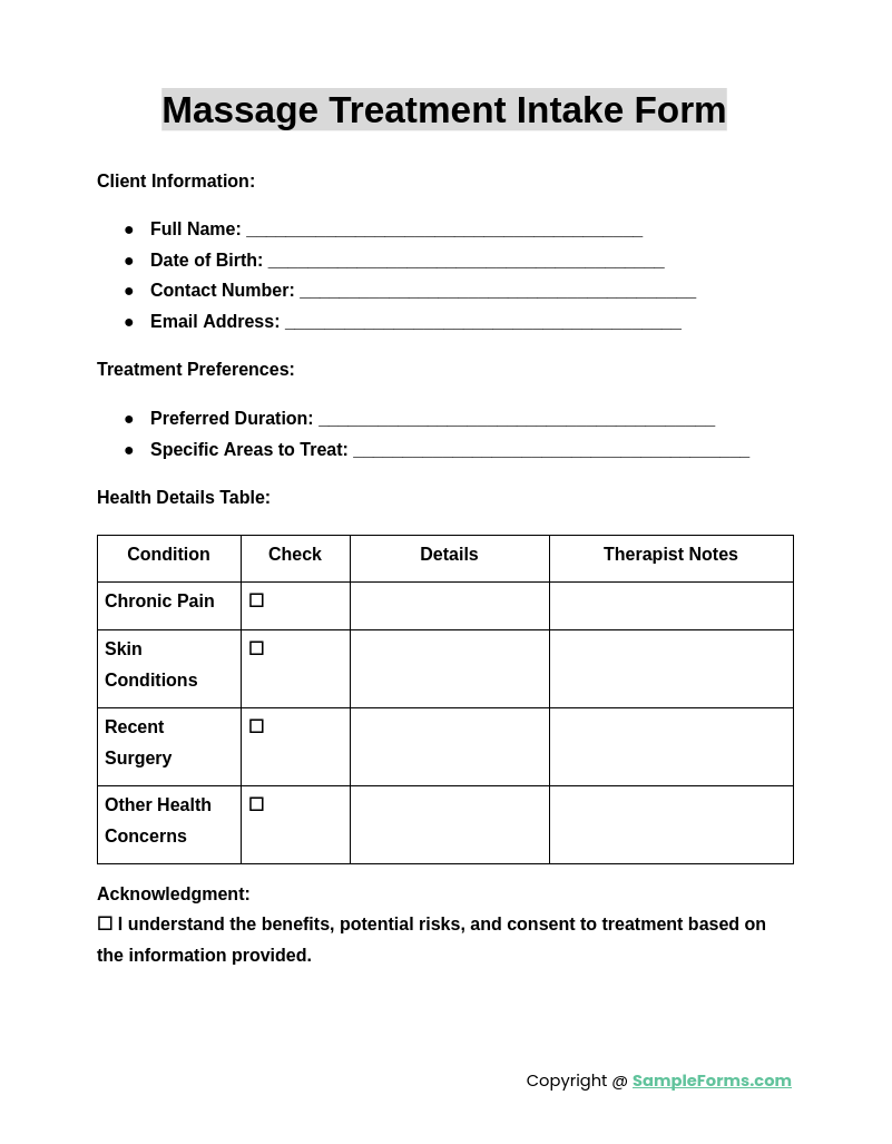 Free Printable Spa Intake Form