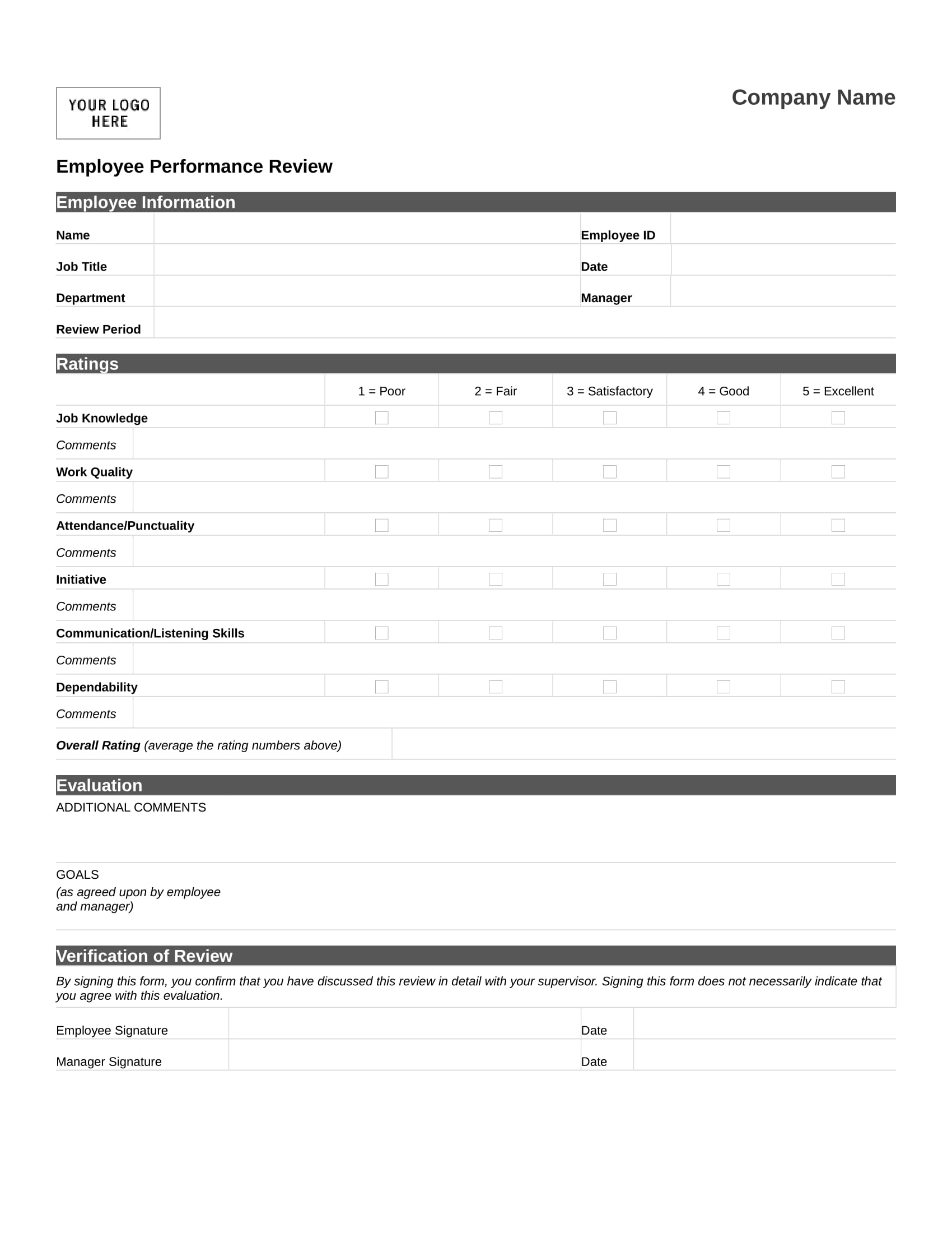 Free Printable Performace Review Forms