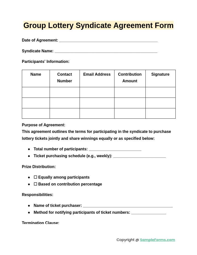 FREE 12 Lottery Syndicate Agreement Form Samples PDF MS Word Google Docs