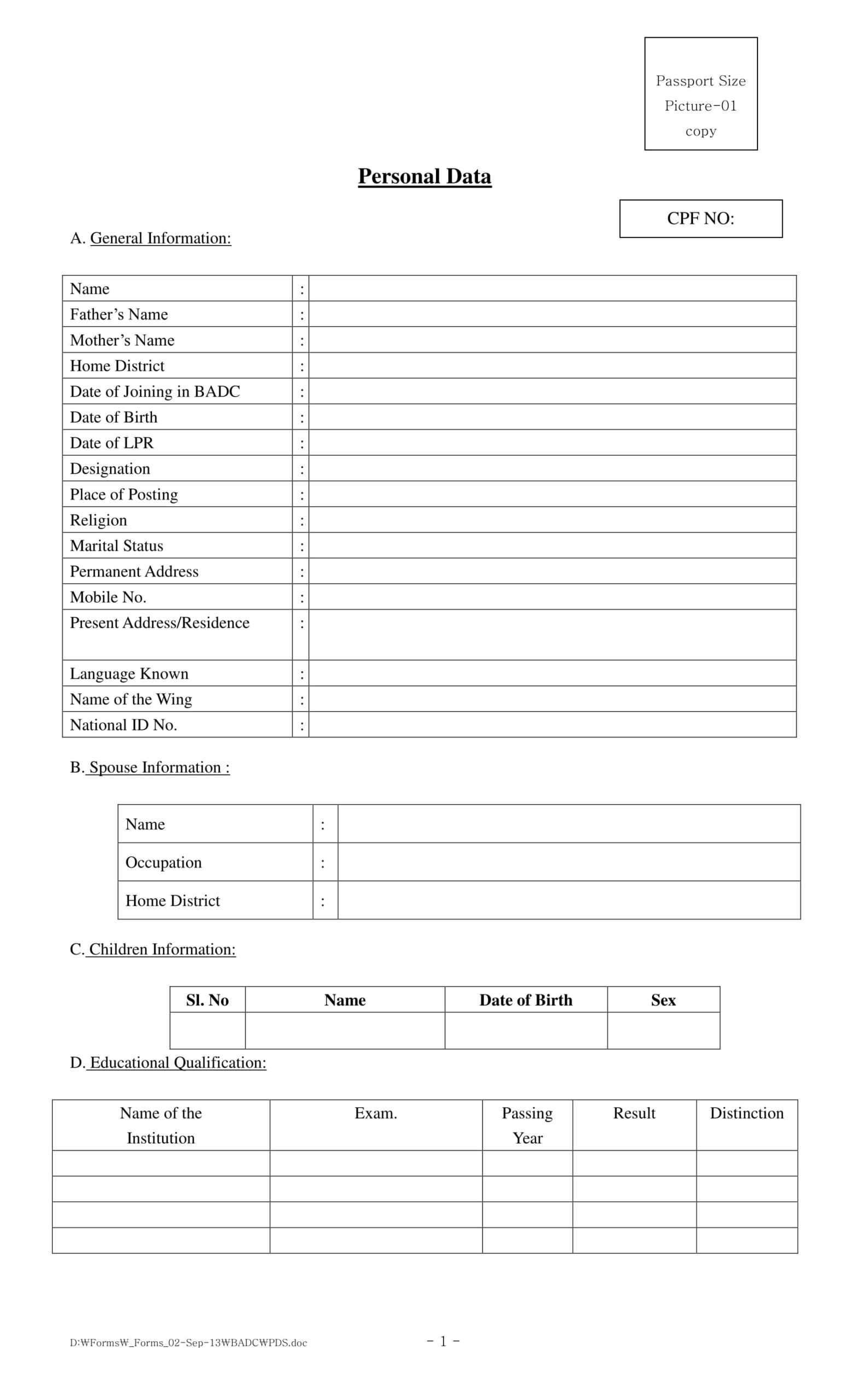 Free Printable Personal Information Forms