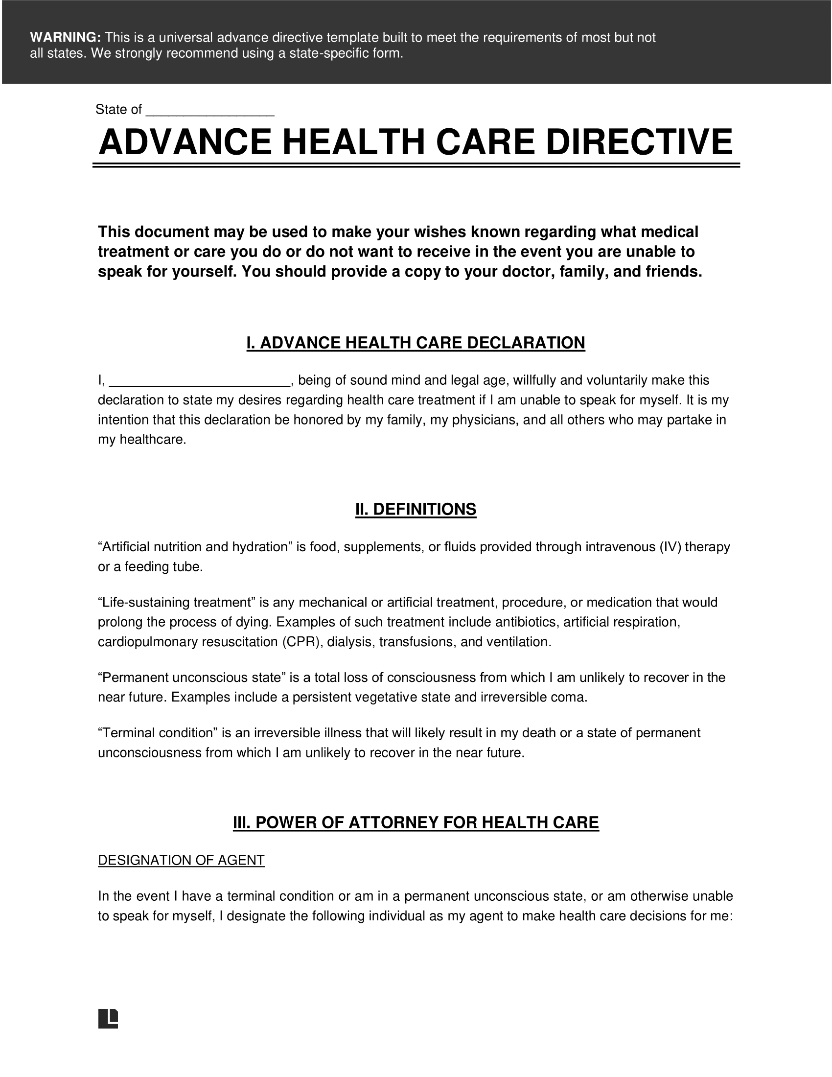 Free Printable Advance Directive Forms