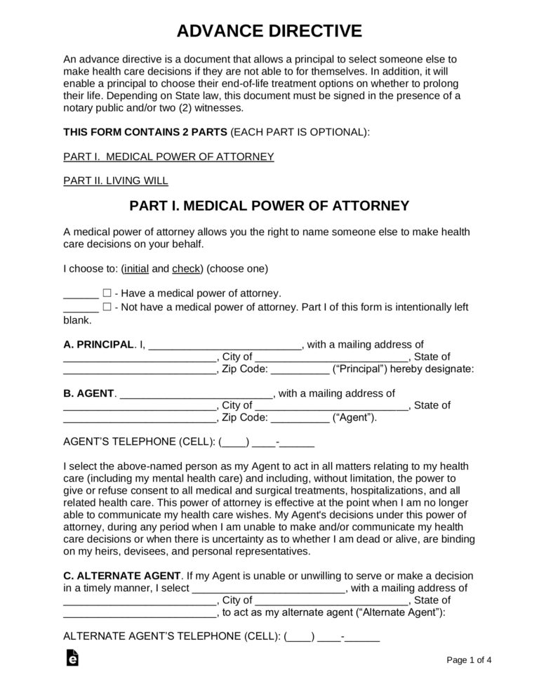 Free Advance Directive Form Medical POA Living Will PDF Word EForms