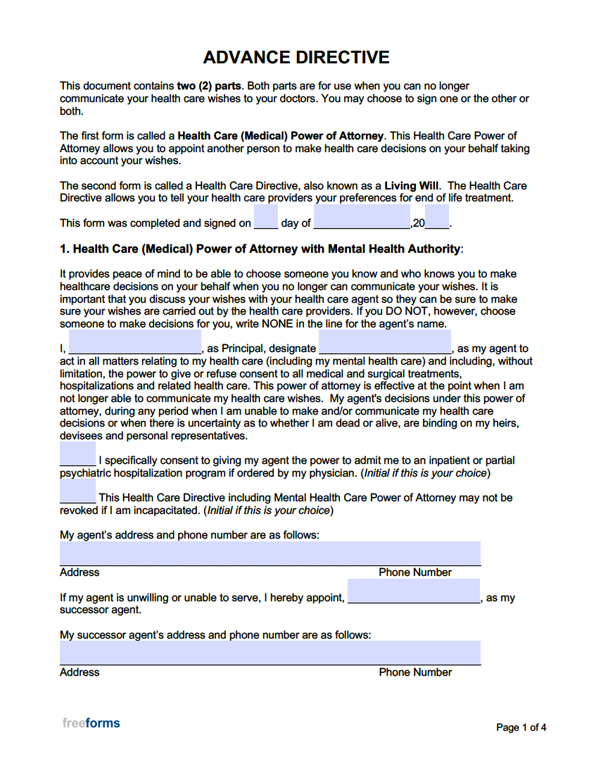 Free Advance Directive Forms Medical Power Of Attorney U0026 Living 