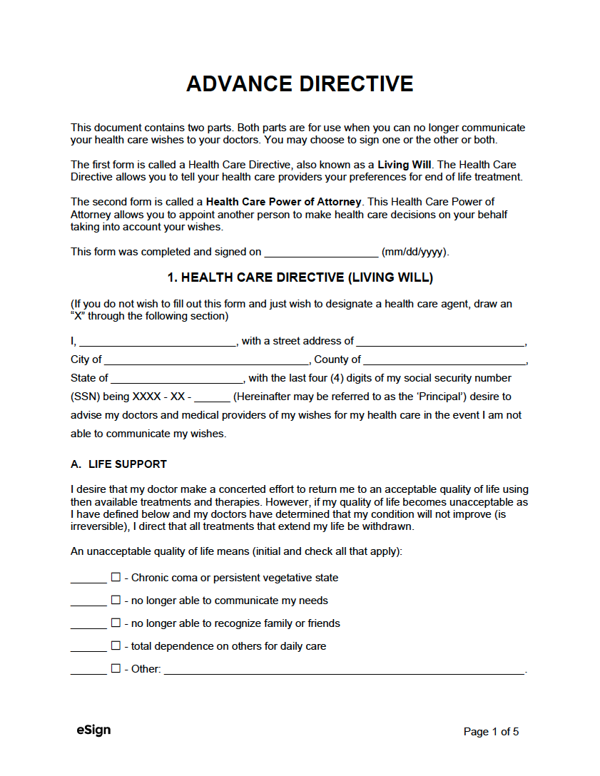 Free Printable Health Care Directive Form Mn