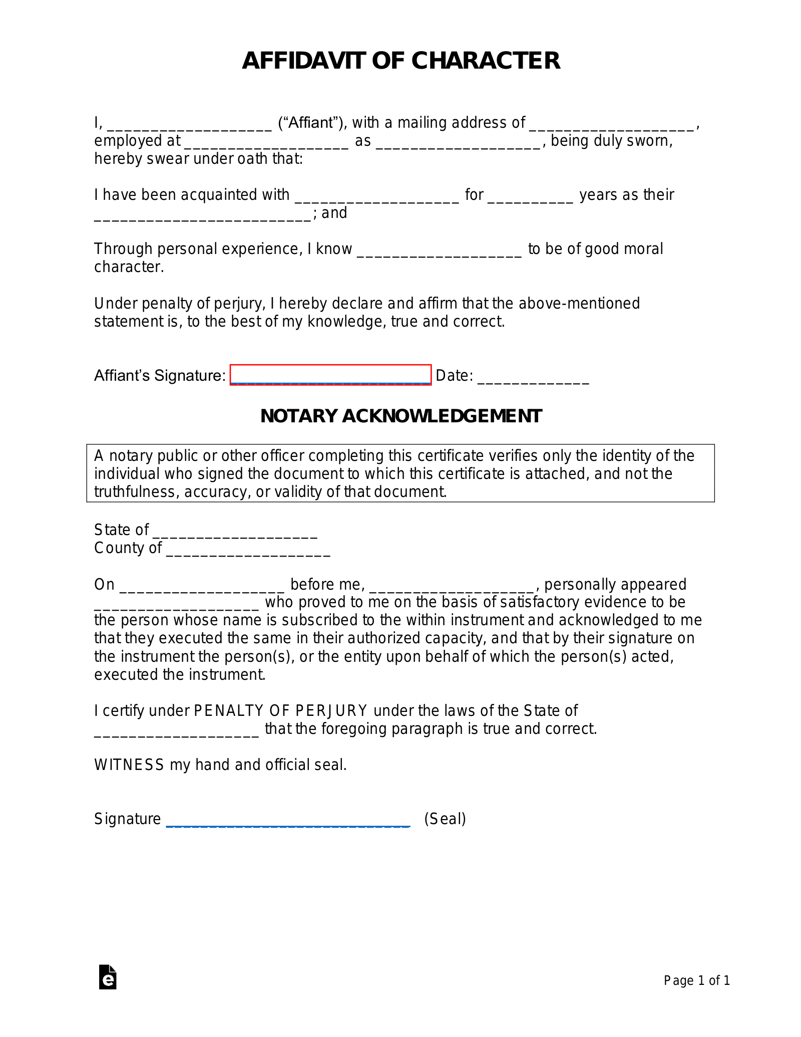 Free Affidavit Of Character PDF Word EForms