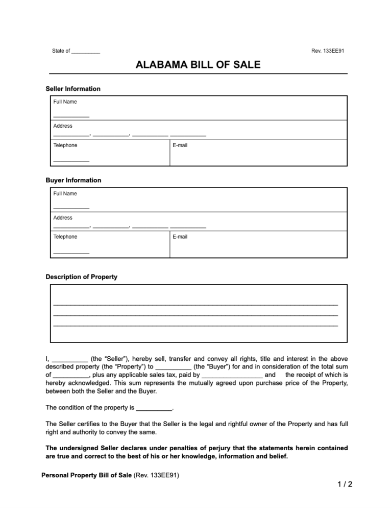 Free Alabama Bill Of Sale Forms PDF U0026 Word