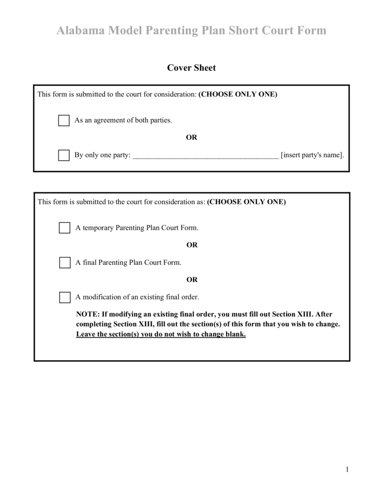 Free Alabama Custody Parenting Plan Agreement PDF EForms