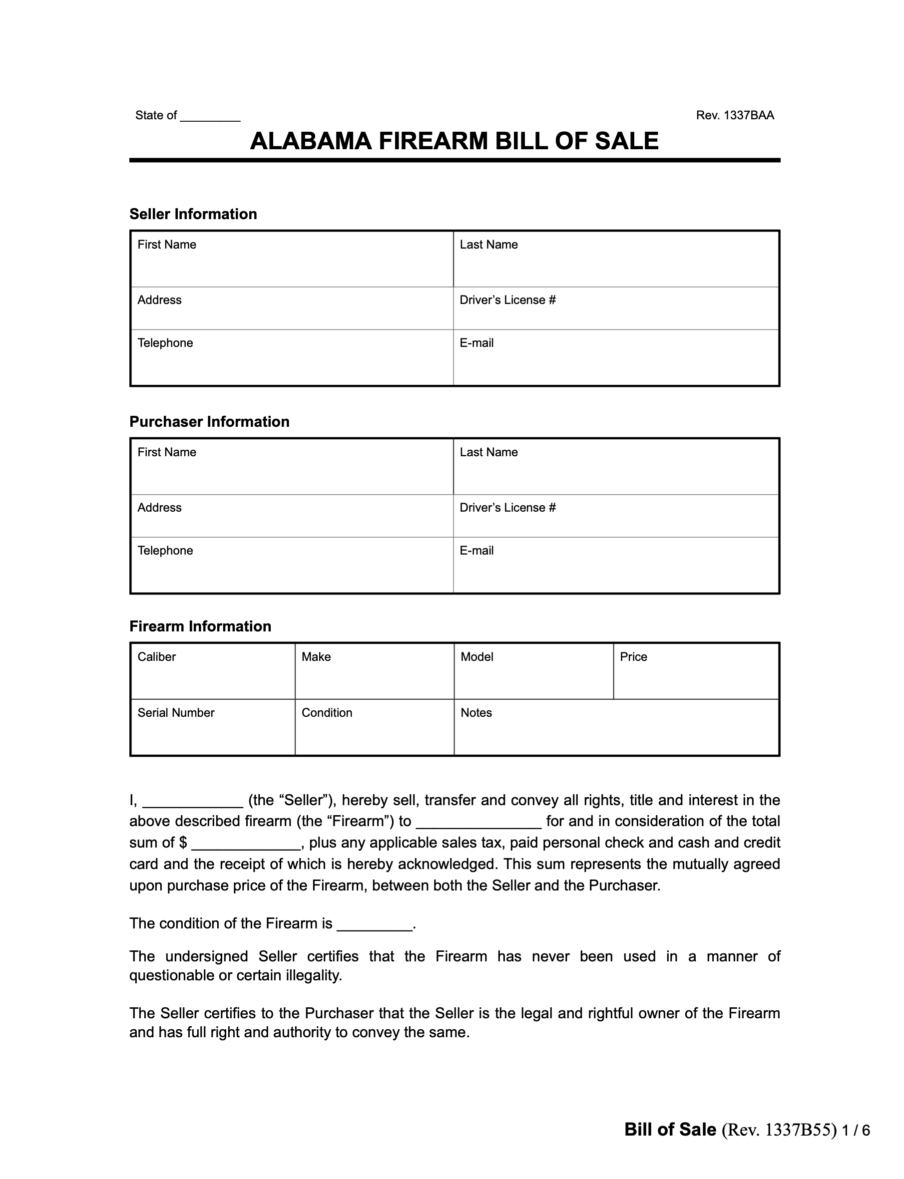 Free Alabama Firearm Bill Of Sale Form PDF U0026 Word