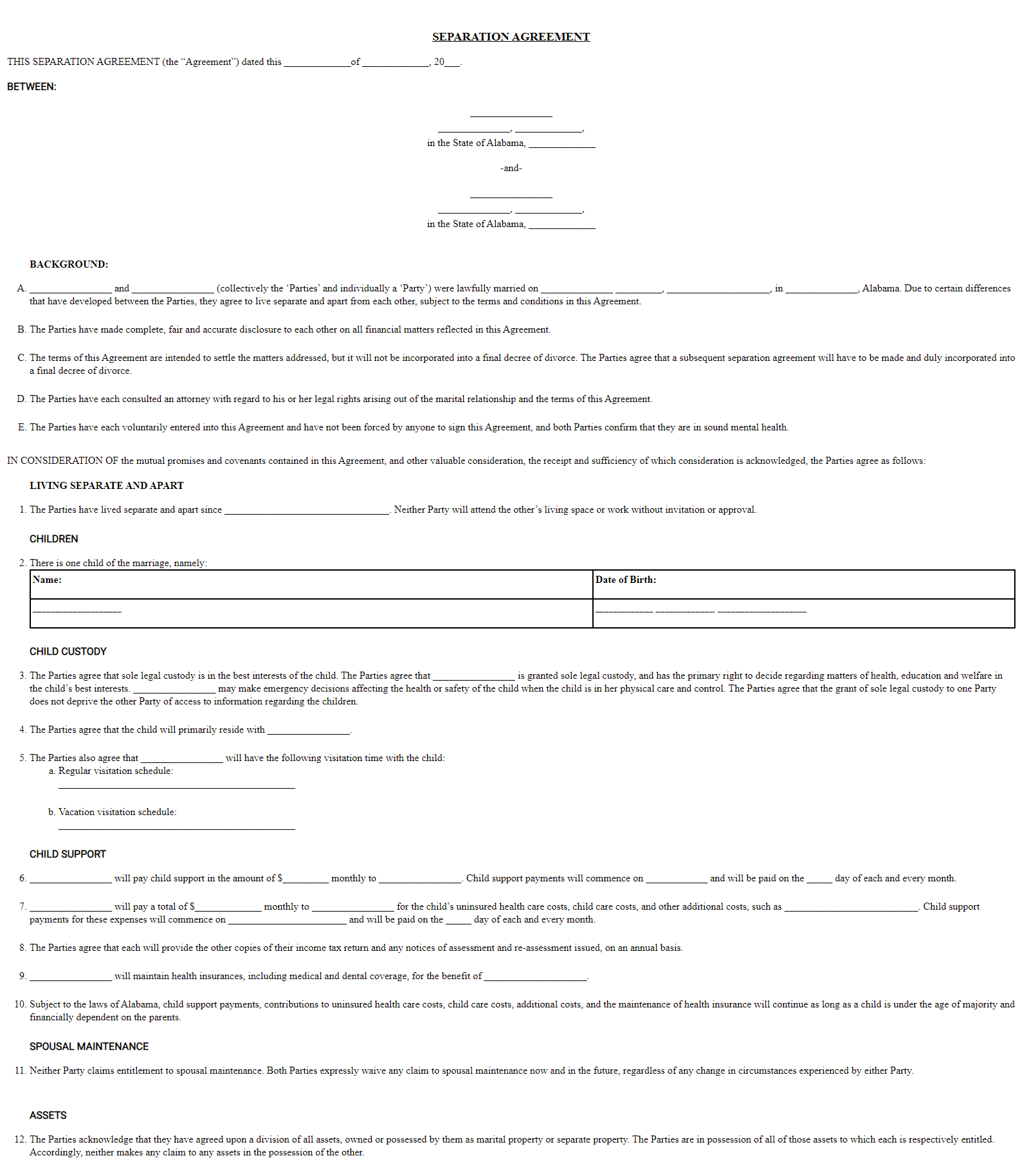 Free Alabama Marital Separation Agreement Legal Separation Forms AL 