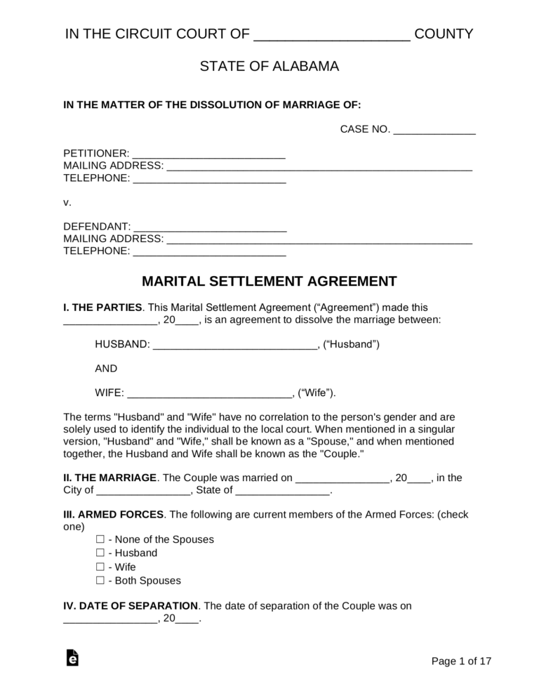 Free Alabama Marital Settlement Divorce Agreement PDF Word EForms