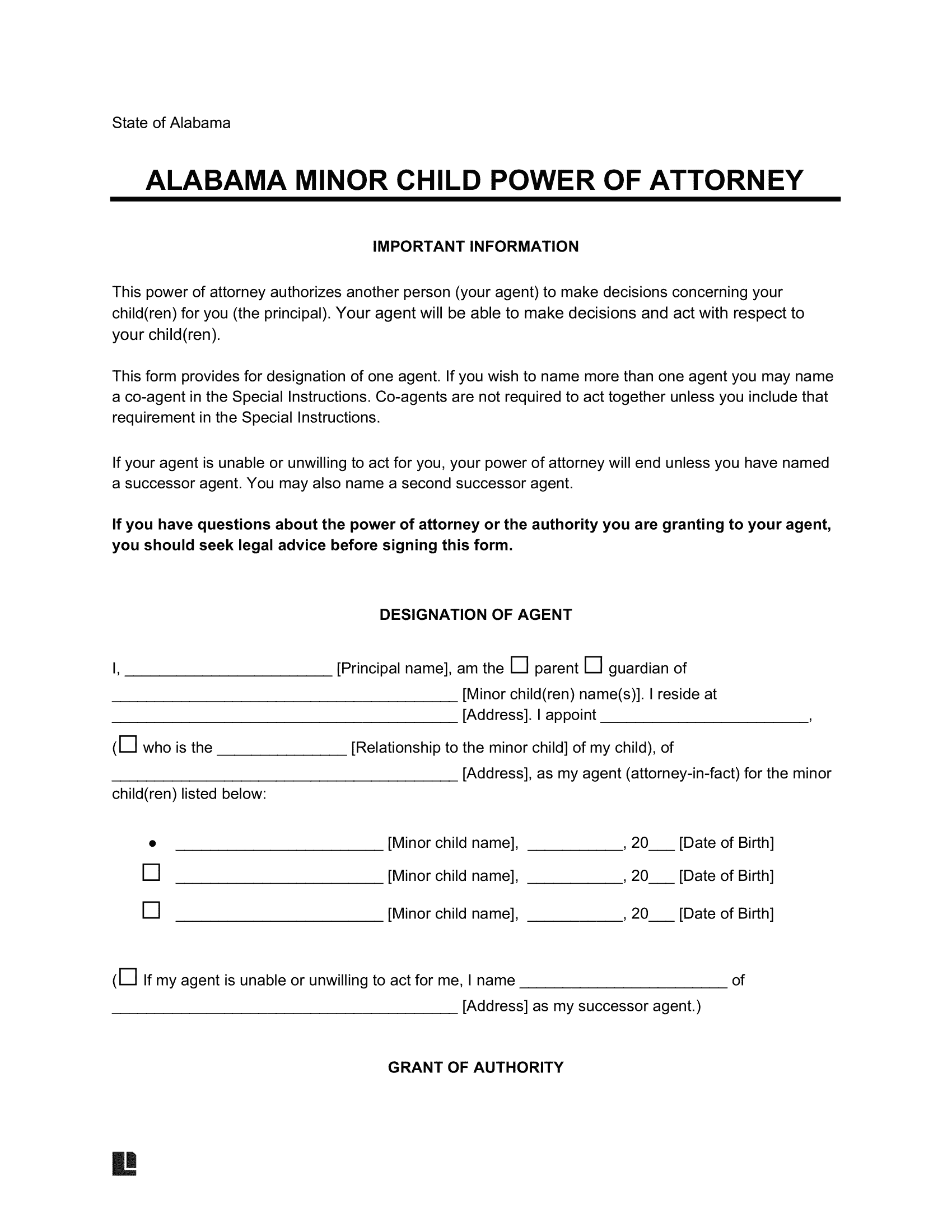 Free Alabama Minor Child Power Of Attorney Form PDF Word