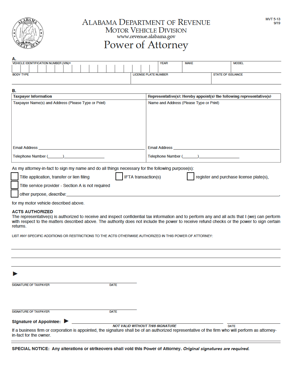Free Alabama Motor Vehicle Power Of Attorney Form MVT 5 13 PDF