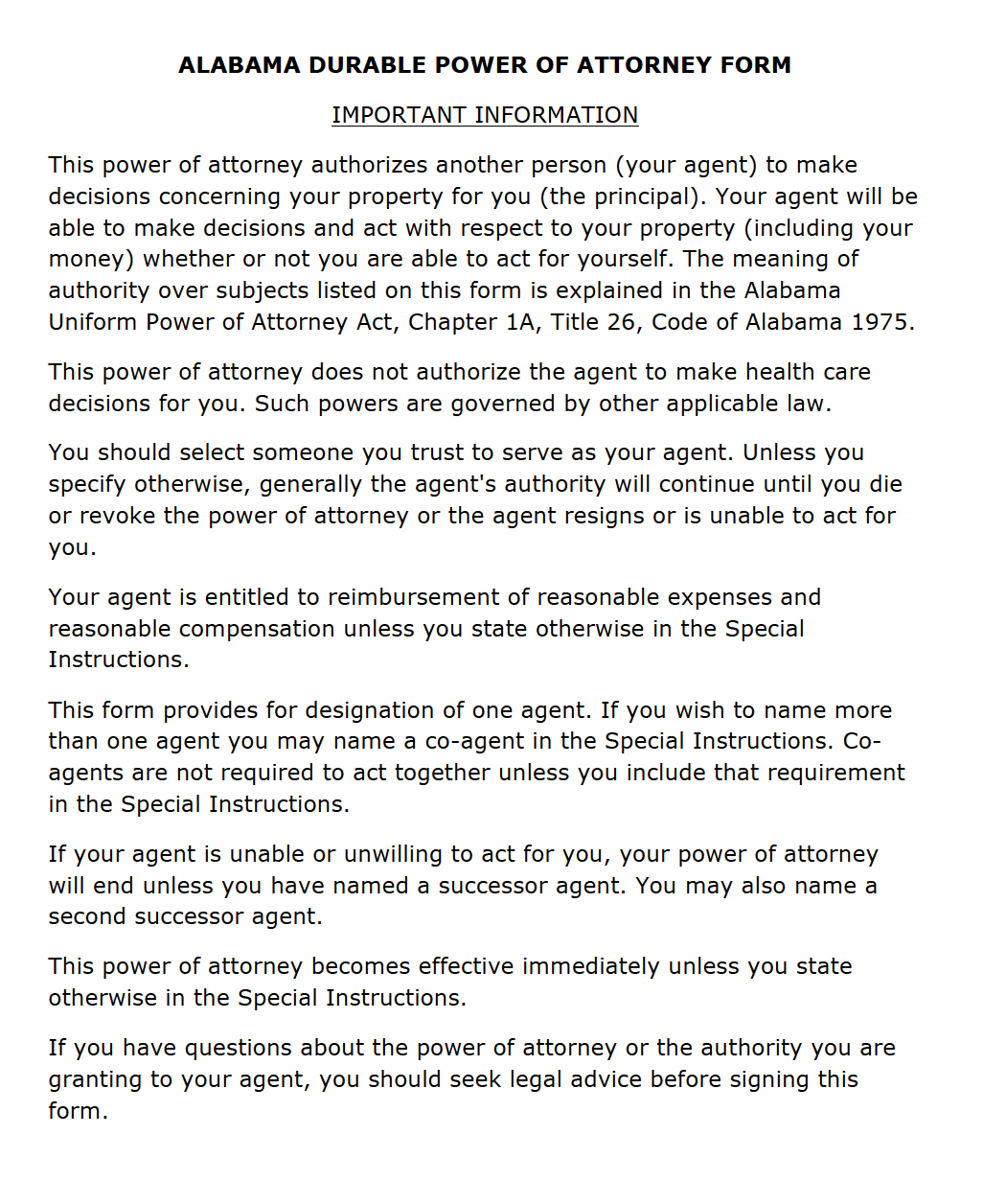 Power Of Attorney Form Free Printable Alabama