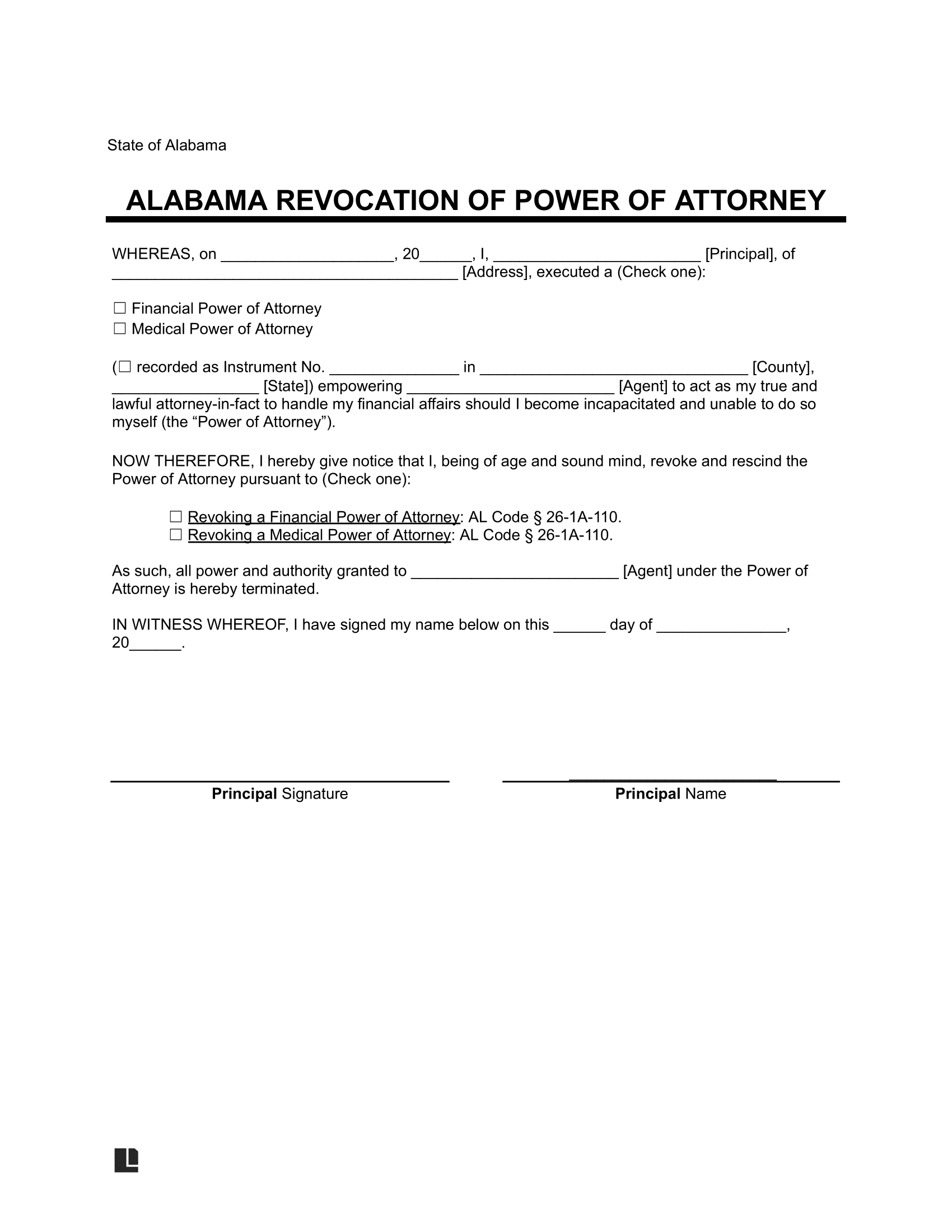 Free Alabama Power Of Attorney Revocation Form PDF U0026 Word