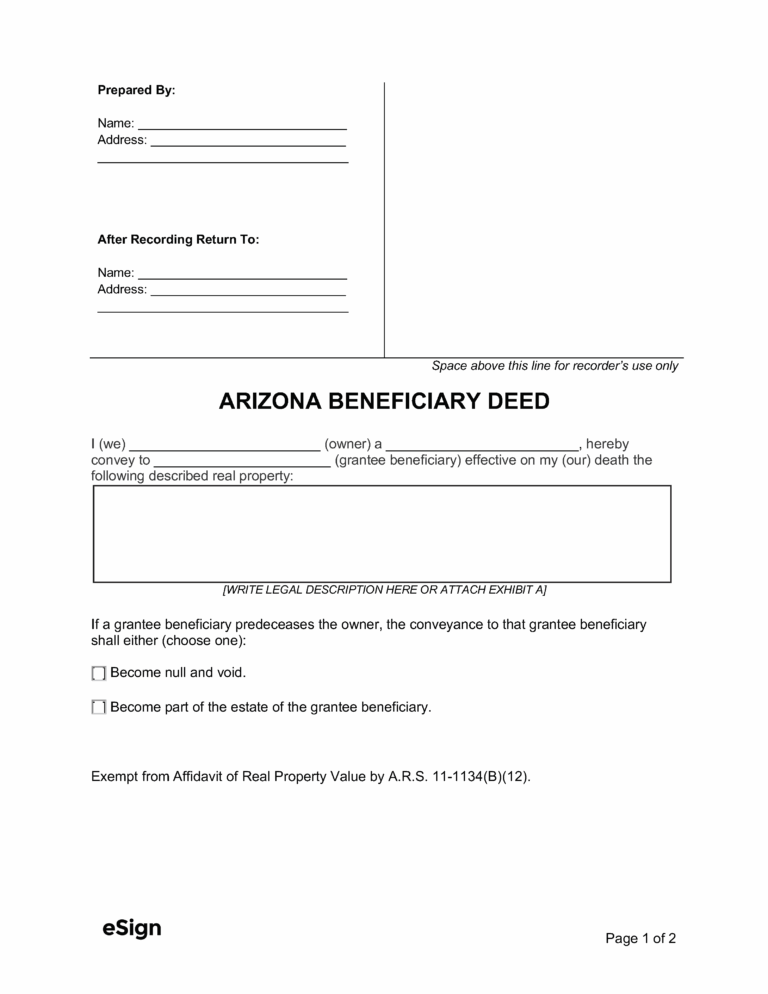 Free Arizona Beneficiary Deed Form PDF Word