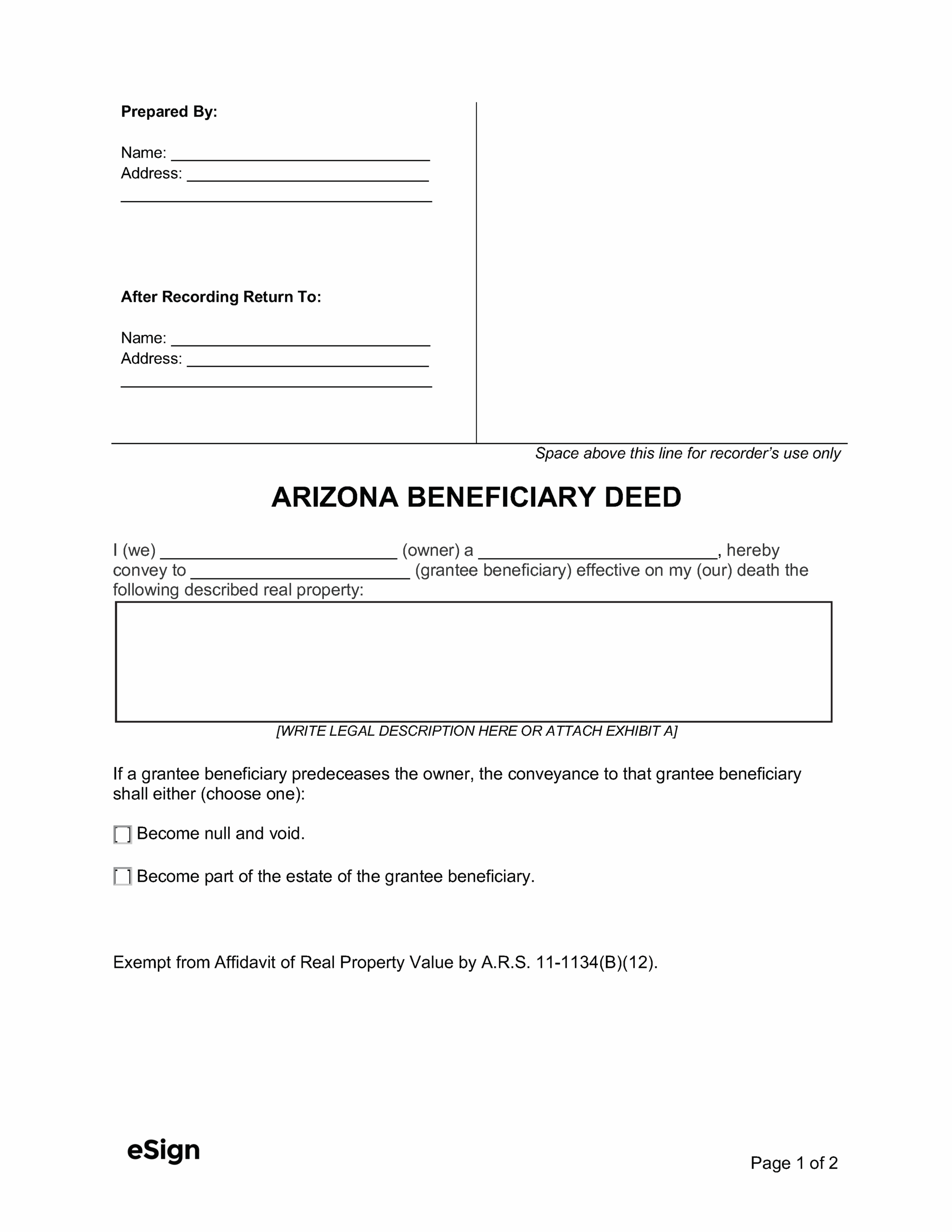 Free Arizona Beneficiary Deed Form PDF Word
