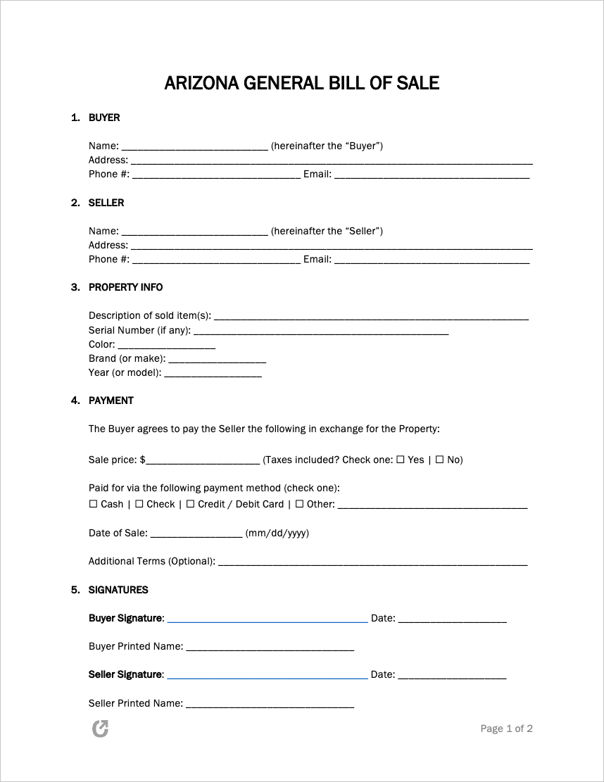 Free Arizona General Bill Of Sale Form PDF WORD RTF