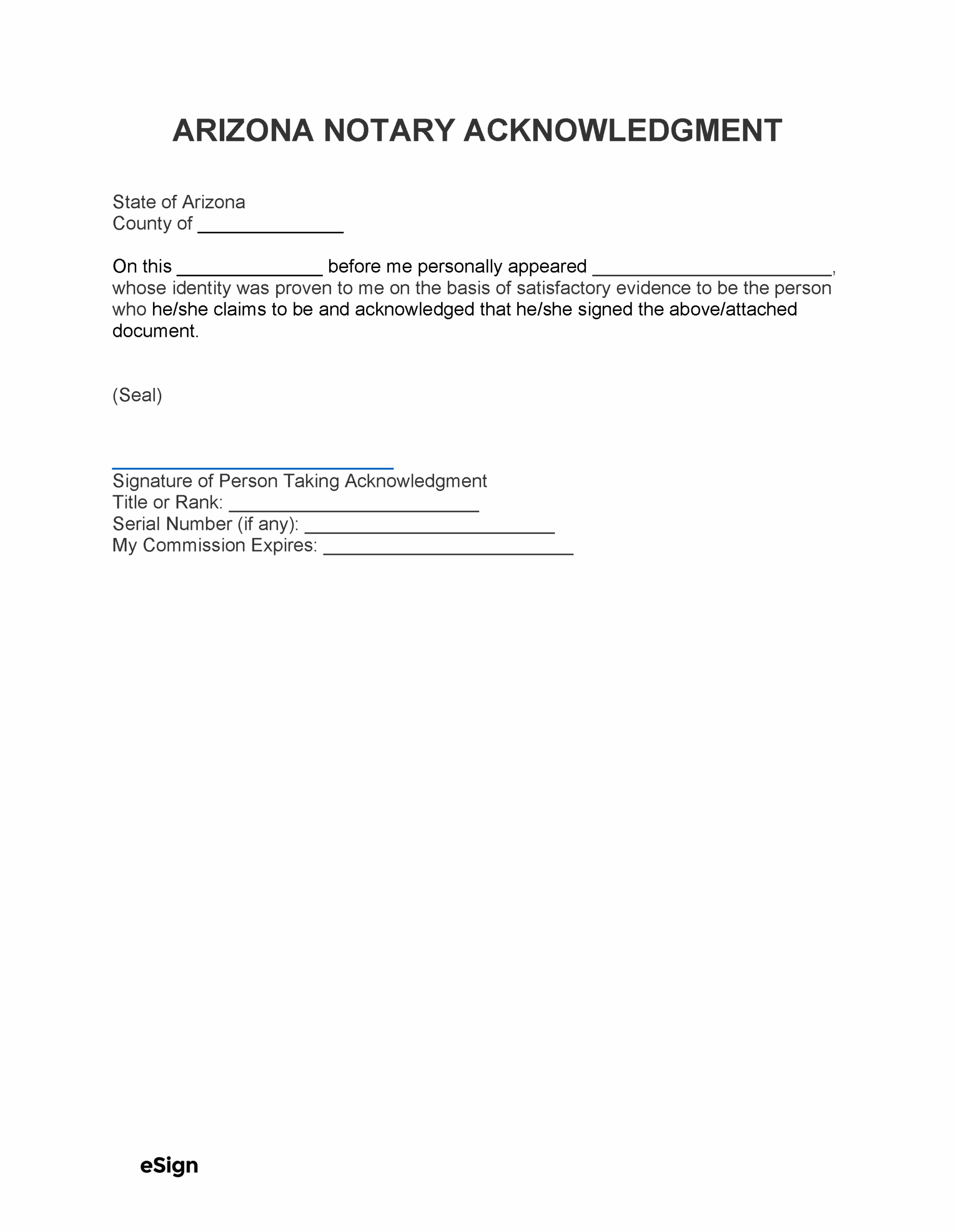 Free Arizona Notary Acknowledgment Form Online Notary PDF Word