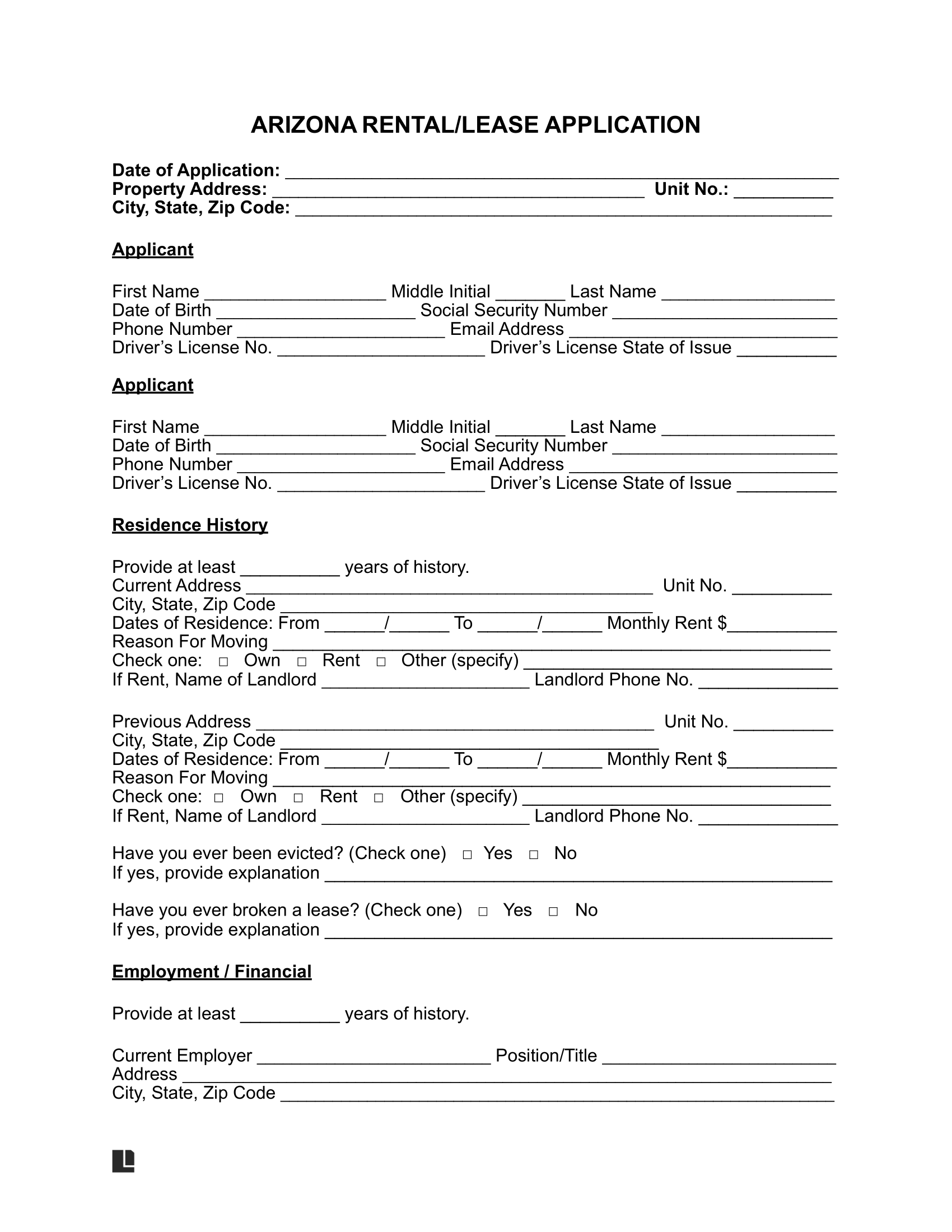 Free Arizona Rental Application Form PDF U0026 Word Download