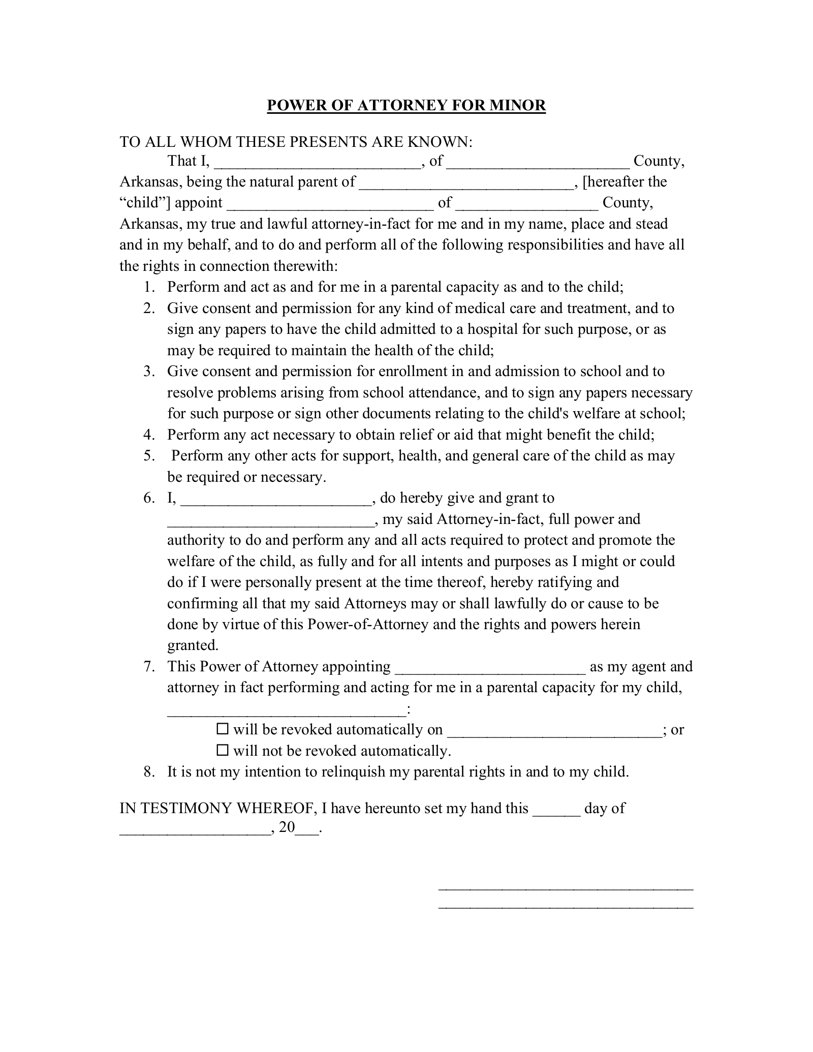 Free Arkansas Minor Child Power Of Attorney Form PDF Word EForms