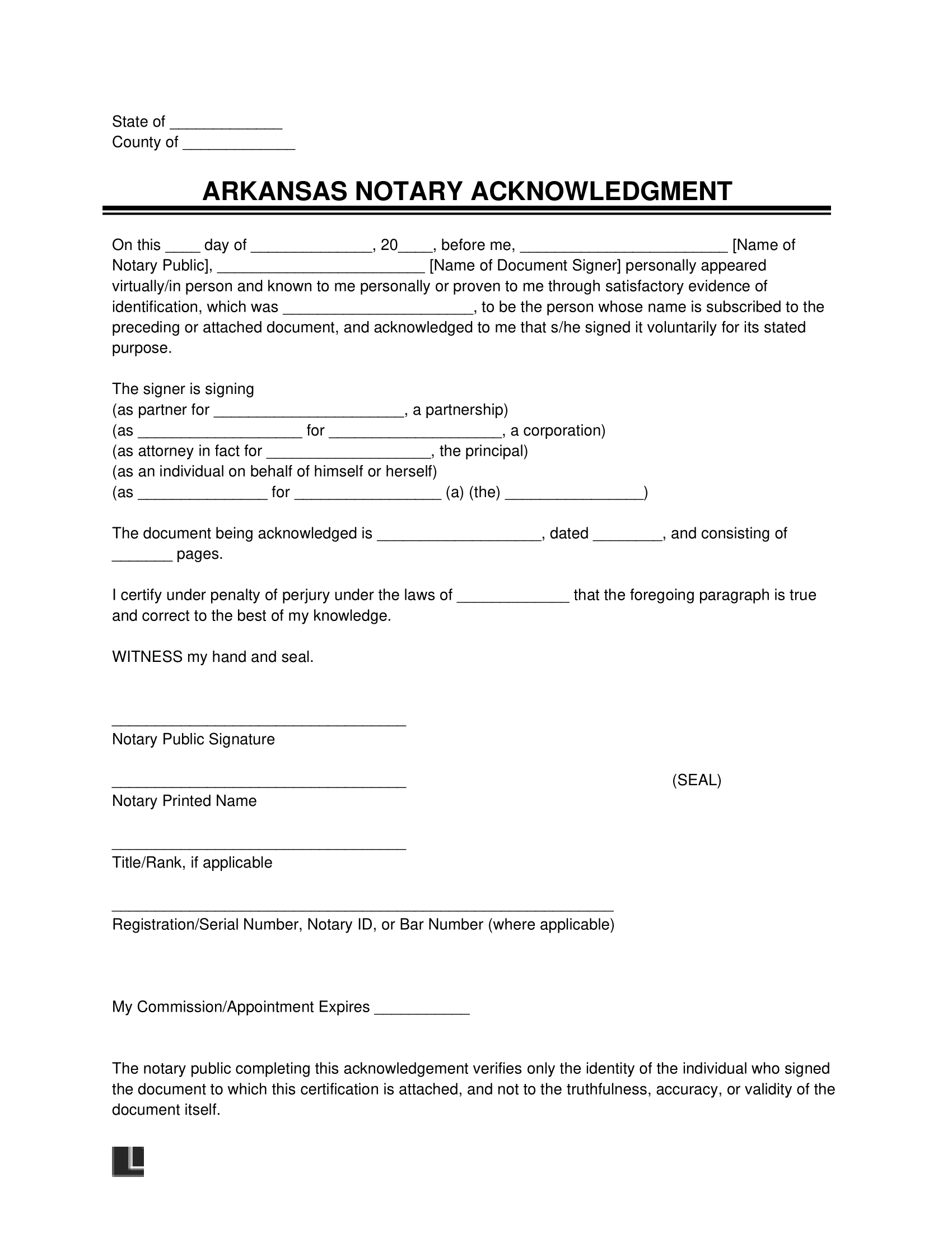 Free Arkansas Notary Acknowledgment Form PDF U0026 Word
