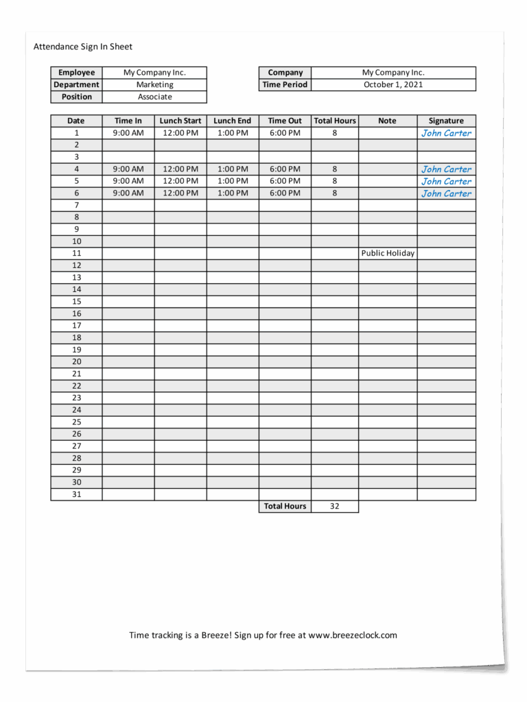 Free Attendance Sheet Template Breeze Clock