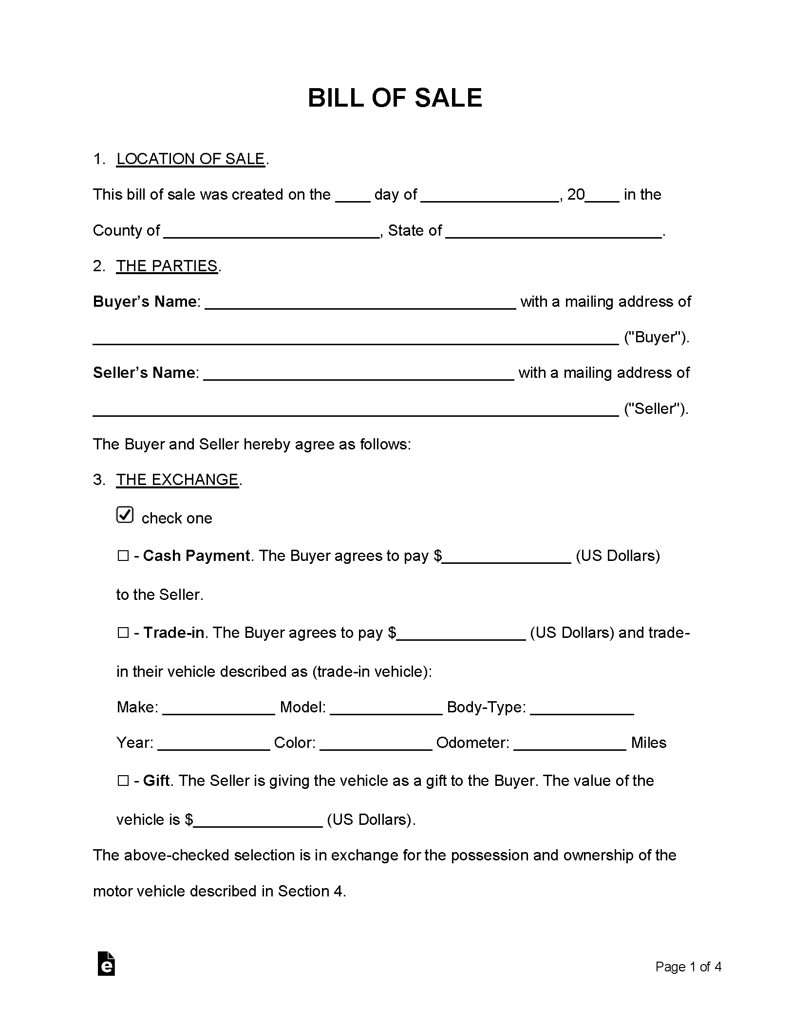 Simple Bill Of Sale Form Free Printable