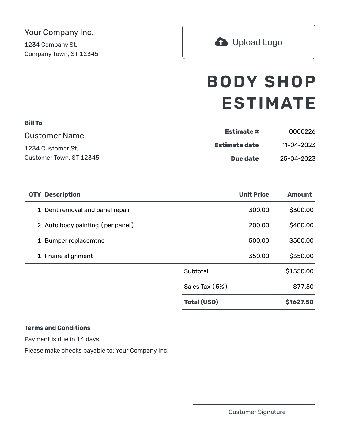 Free Body Shop Estimate Template Docelf