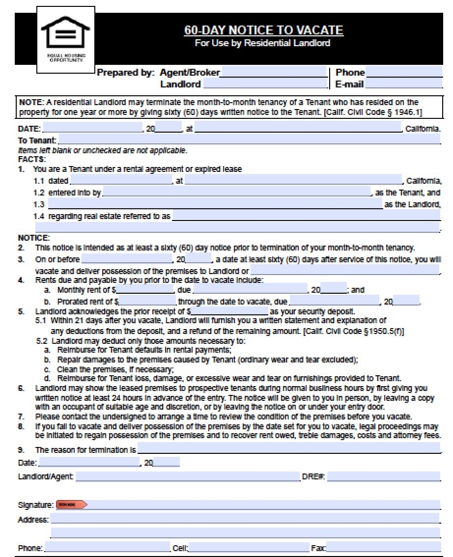 Free Printable Oklahoma 60 Day Eviction Form