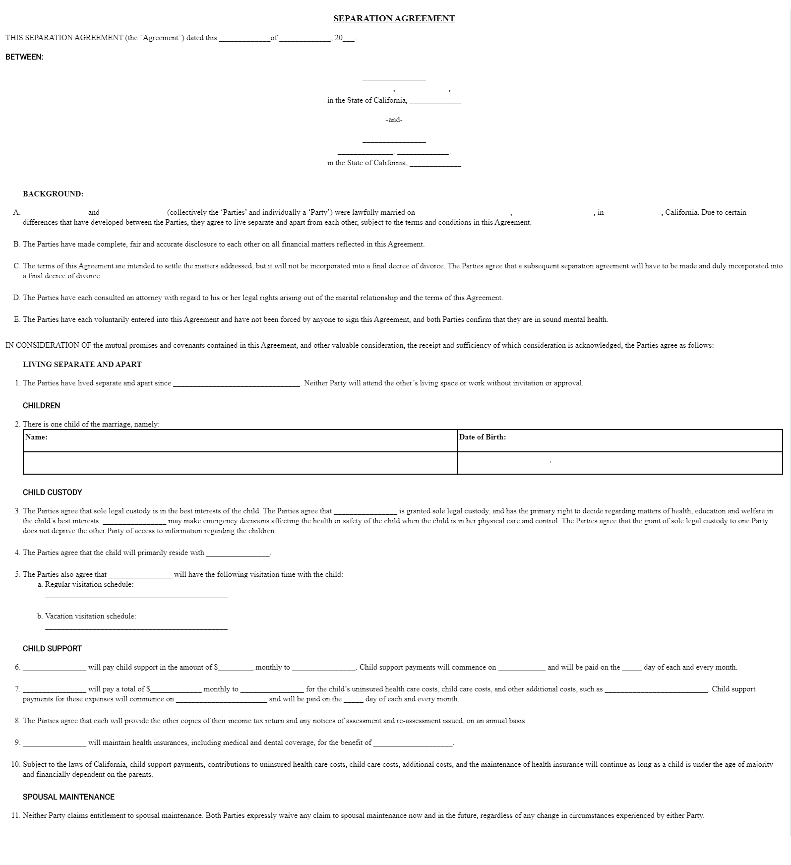 Free California Marital Separation Agreement Legal Separation Forms CA 