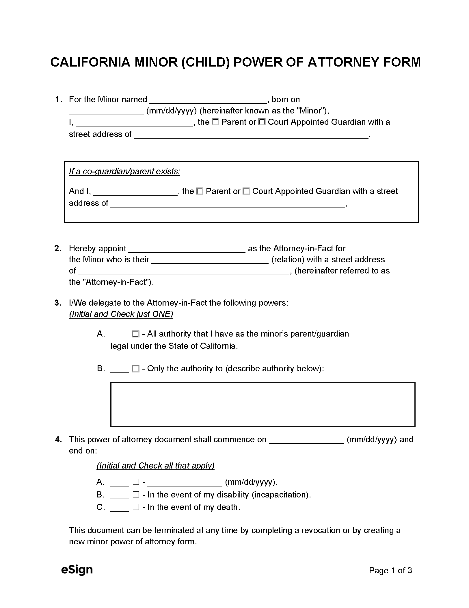 Free California Minor Child Power Of Attorney Form PDF Word